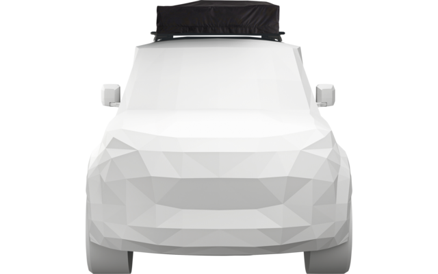 Vue de face d'une voiture blanche à surface facettée et d'un sac de toit noir, fond blanc