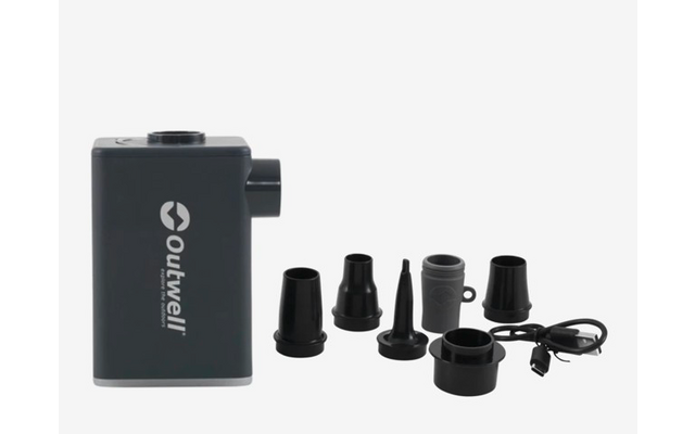 Black rectangular device with 'Outwell' logo, several black adapter nozzles and a USB cable on a white background