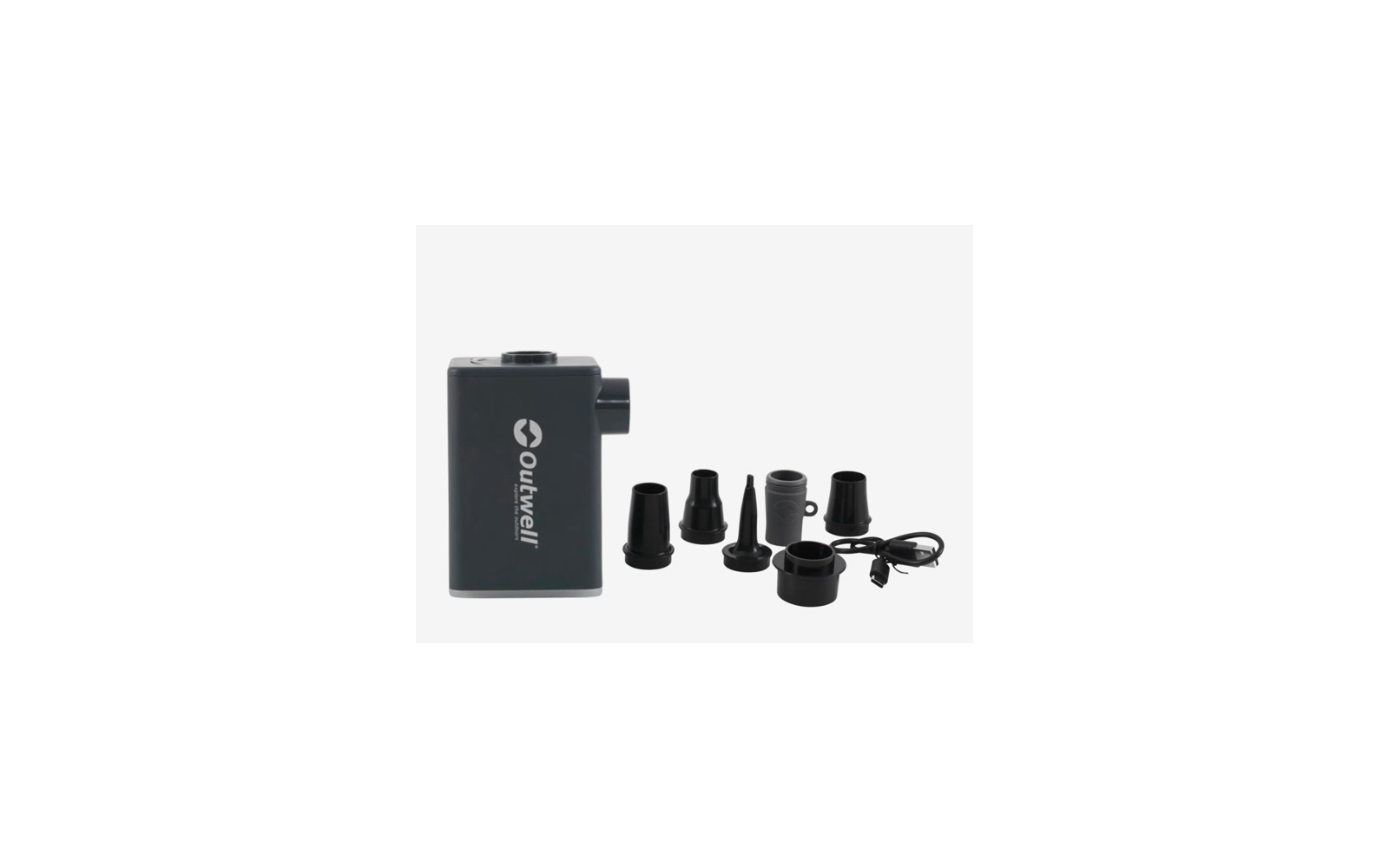 Black rectangular device with 'Outwell' logo, several black adapter nozzles and a USB cable on a white background