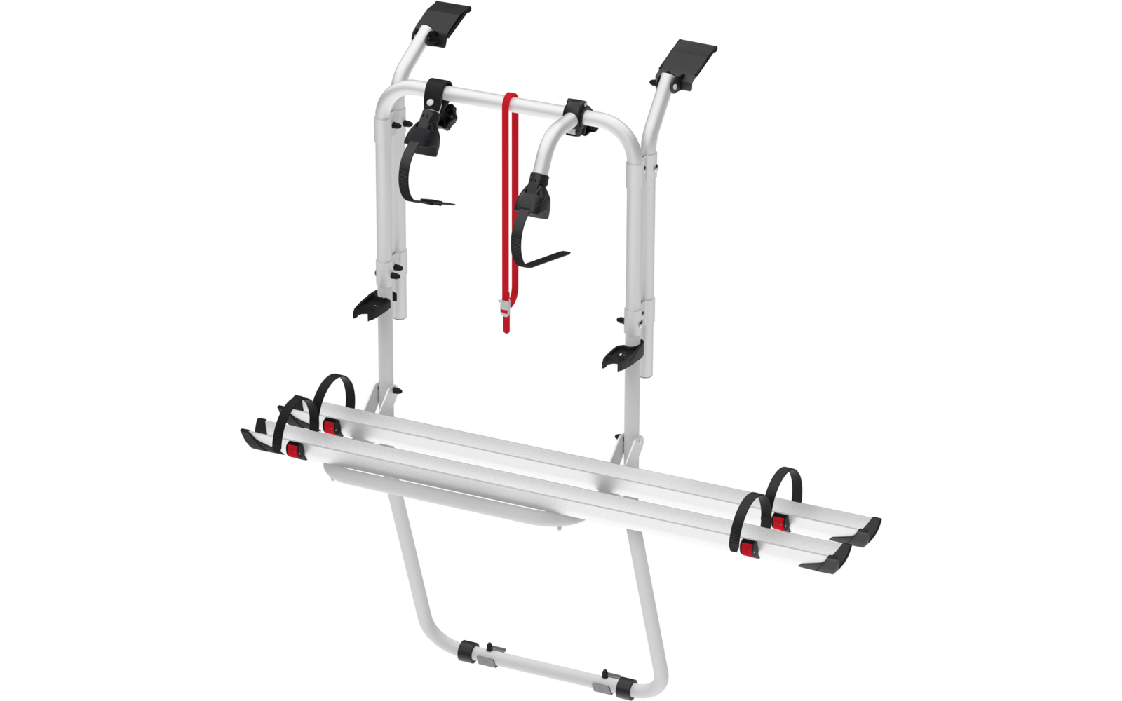 Fahrradheckträger aus Metall mit Halterungen und Gurten auf weißem Hintergrund