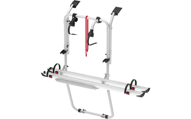 Fahrradheckträger aus Metall mit Halterungen und Gurten auf weißem Hintergrund