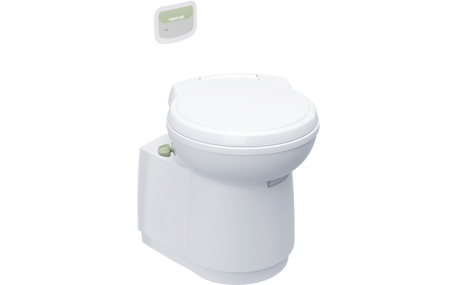 Witte campingtoilet met gesloten deksel en wandbediening op witte achtergrond