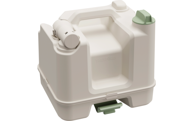 Een witte, rechthoekige watercontainer met een groene tuit en geïntegreerd handvat