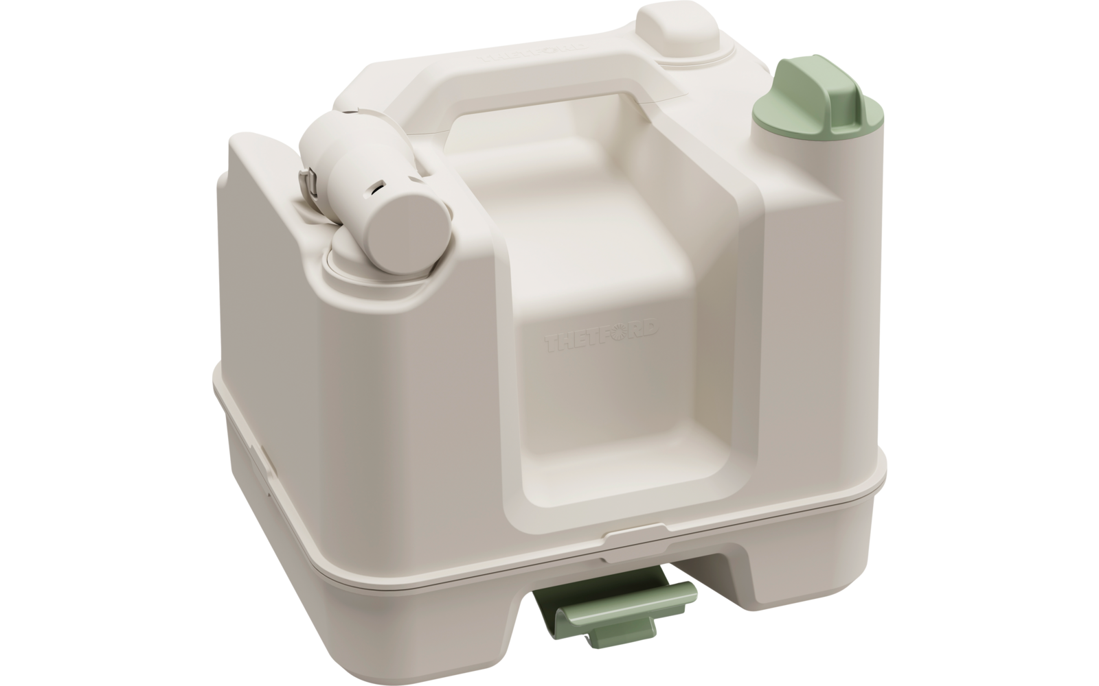 Een witte, rechthoekige watercontainer met een groene tuit en geïntegreerd handvat