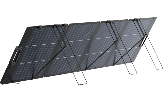 Drei verbundene, aufklappbare Solarpanels auf Metallständern, links sichtbarer Tragegriff
