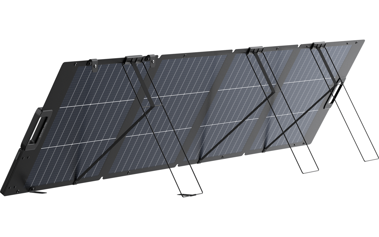 Drei verbundene, aufklappbare Solarpanels auf Metallständern, links sichtbarer Tragegriff