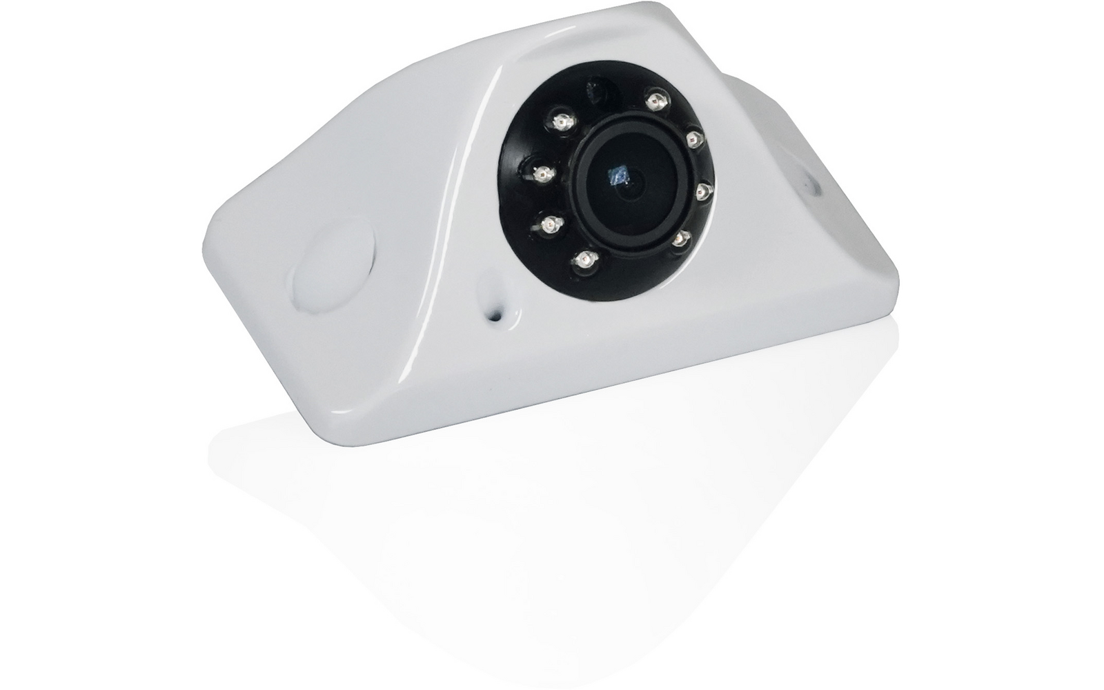 Weiße Überwachungskamera mit schwarzem Objektiv und Infrarot-LEDs