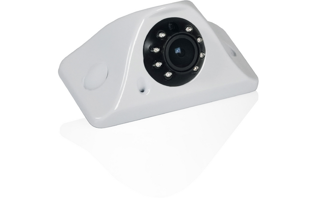 Weiße Überwachungskamera mit schwarzem Objektiv und Infrarot-LEDs