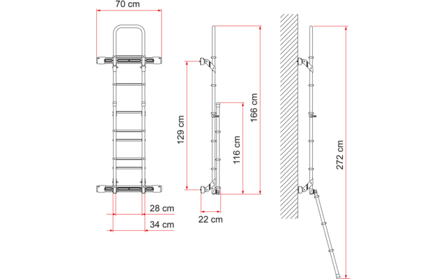 Technische Zeichnung mit Abmessungen einer klappbaren Leiter aus Metall an einer Wand