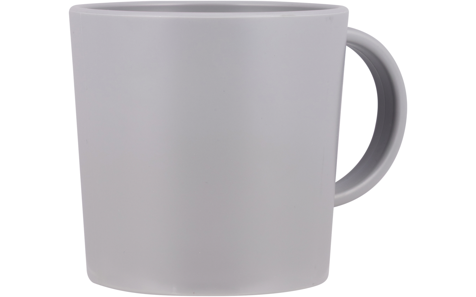 Graue Tasse mit Henkel auf weißem Hintergrund