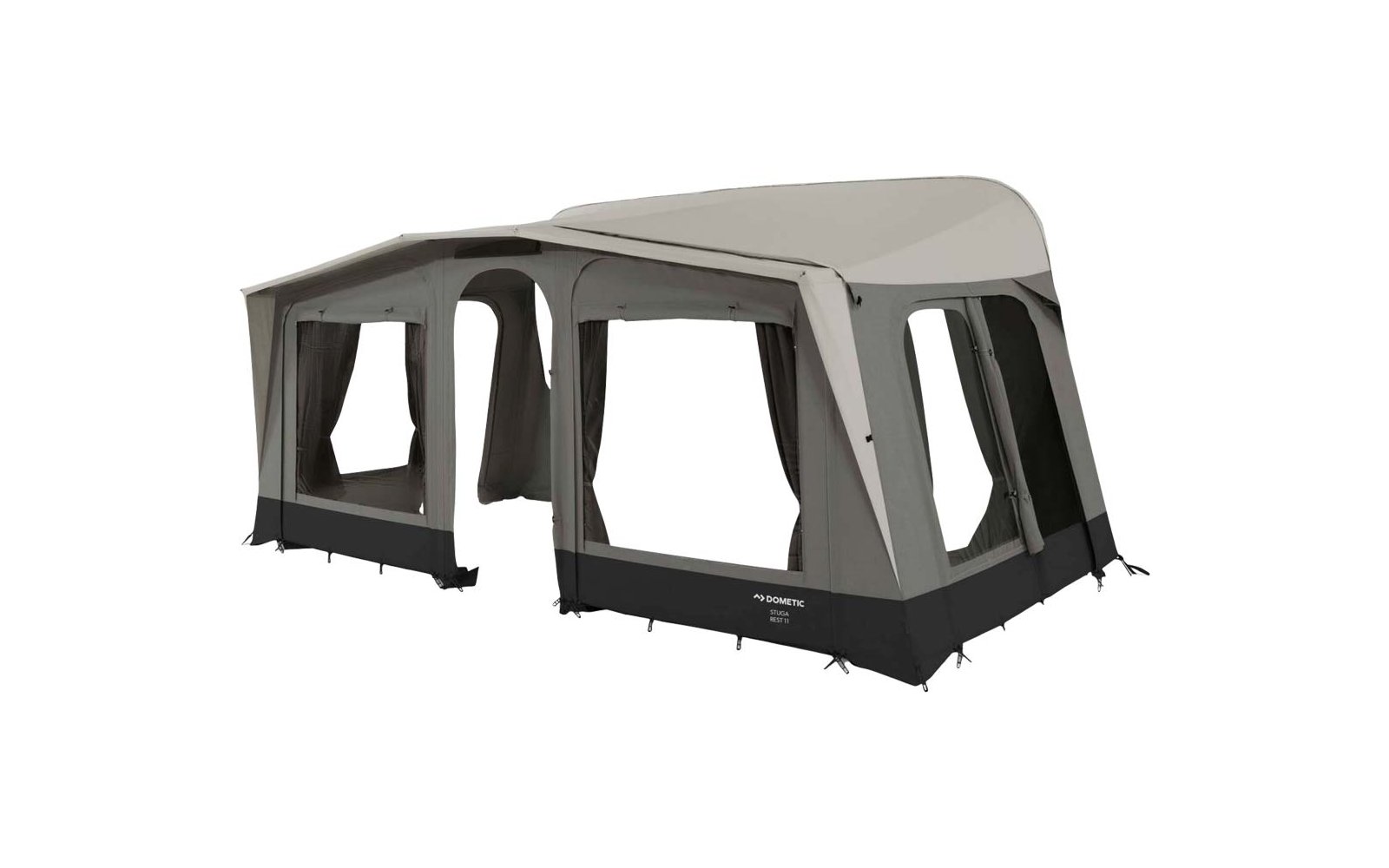 Large grey inflatable awning with multiple windows, mesh and fabric panels, black base and open central doorway