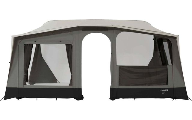 Large light-gray camping awning with a central arched entrance opening, two large side windows with curtains, and a dark base trim