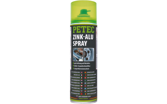Grün-gelbe Spraydose mit grünem Deckel, schwarzem Etikett und weiß-grüner Aufschrift 'PETEC ZINK-ALU SPRAY', Spraykopf sowie kleine Produktbilder und Textzeilen auf dem Etikett