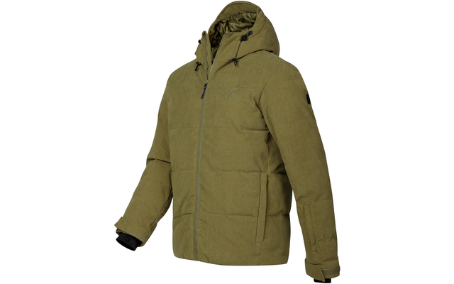 Olivgrüne gesteppte Kapuzenjacke mit durchgehendem Reißverschluss, zwei seitlichen Taschen, Kordelzügen an der Kapuze und sichtbaren schwarzen Innenbündchen