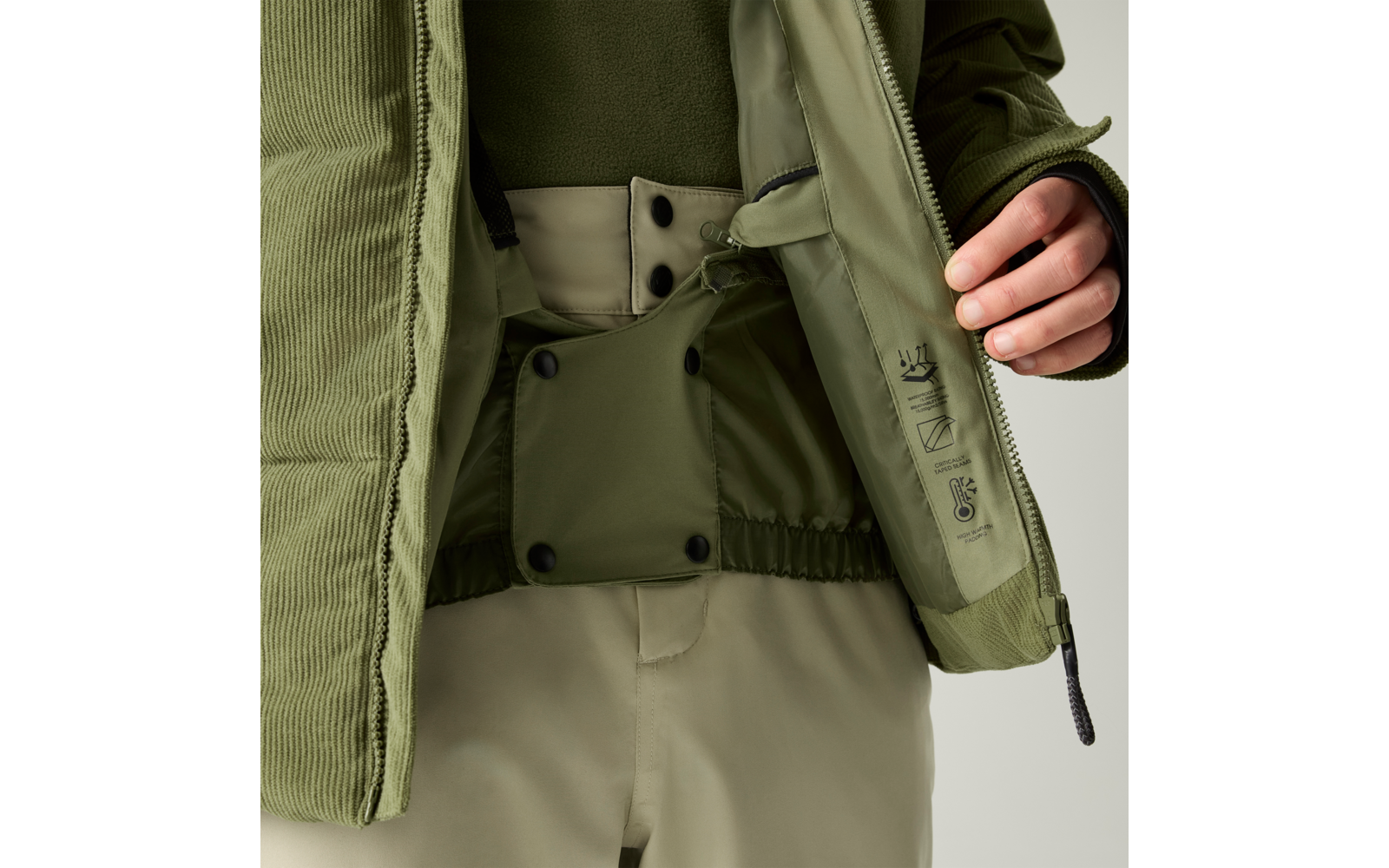 Nahaufnahme des geöffneten Innenbereichs einer olivgrünen Jacke über grünem Pullover und hellen Hosen; elastischer innerer Bund mit Druckknöpfen, Reißverschluss, Pflegeetikett und rechte Hand, die die Jacke hält