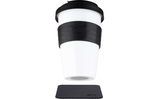 White reusable coffee cup with black lid and black silicone grip, black square coaster underneath