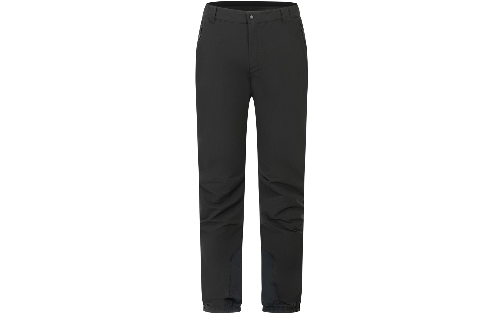 Pantalón negro, vista frontal, cintura con trabillas para cinturón, bolsillos laterales con cremallera, costuras visibles en rodillas y pierna, paneles reforzados más oscuros en la zona interna del tobillo, bajos elásticos