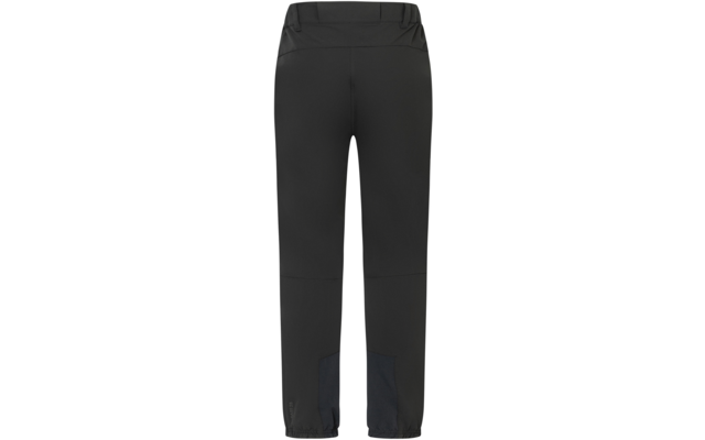 Pantalón oscuro hasta el tobillo, vista posterior, cintura alta con pasadores para cinturón, costuras visibles, refuerzos en la parte baja de las piernas, puños elásticos