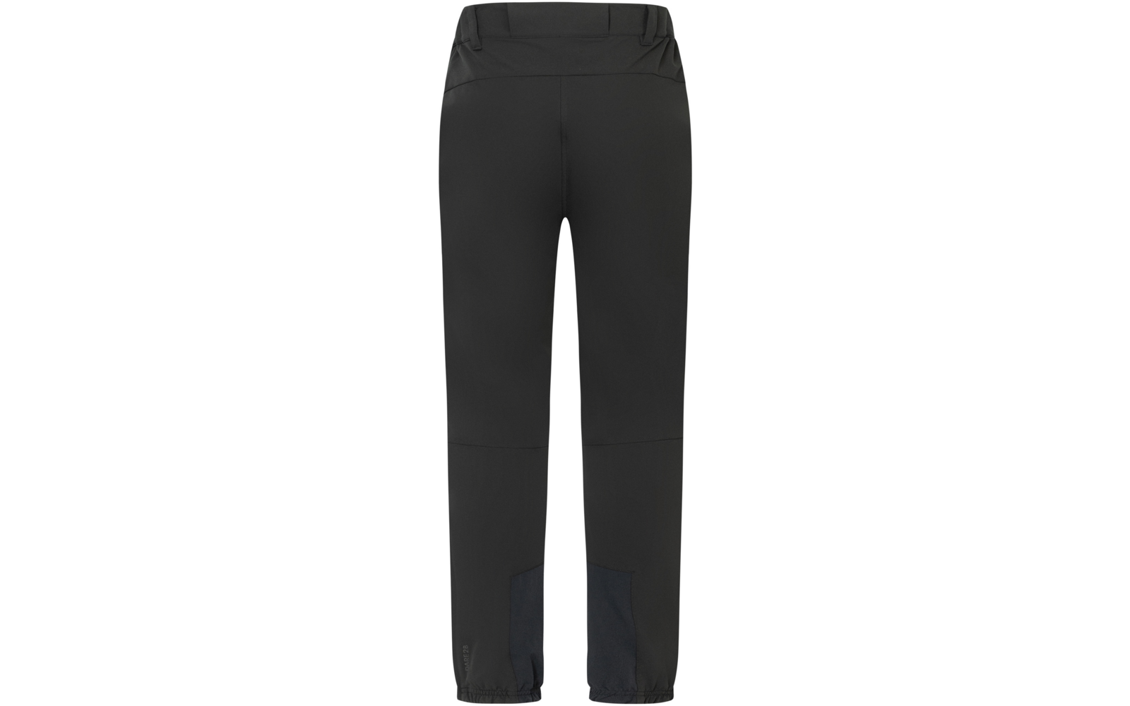 Pantalón oscuro hasta el tobillo, vista posterior, cintura alta con pasadores para cinturón, costuras visibles, refuerzos en la parte baja de las piernas, puños elásticos