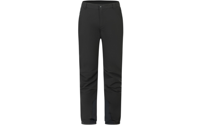 Pantalón negro, vista frontal, cintura con trabillas para cinturón, bolsillos laterales con cremallera, costuras visibles en rodillas y pierna, paneles reforzados más oscuros en la zona interna del tobillo, bajos elásticos