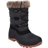 Ein einzelner dunkler Winterstiefel mit hellem Fellbesatz am Schaft, Schnürung durch drei Metallringe und brauner Profilsohle