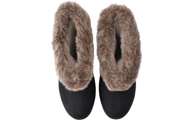 Draufsicht auf ein Paar schwarze Stiefel mit braunem Kunstpelzkragen und sichtbarer dunkler Innensohle