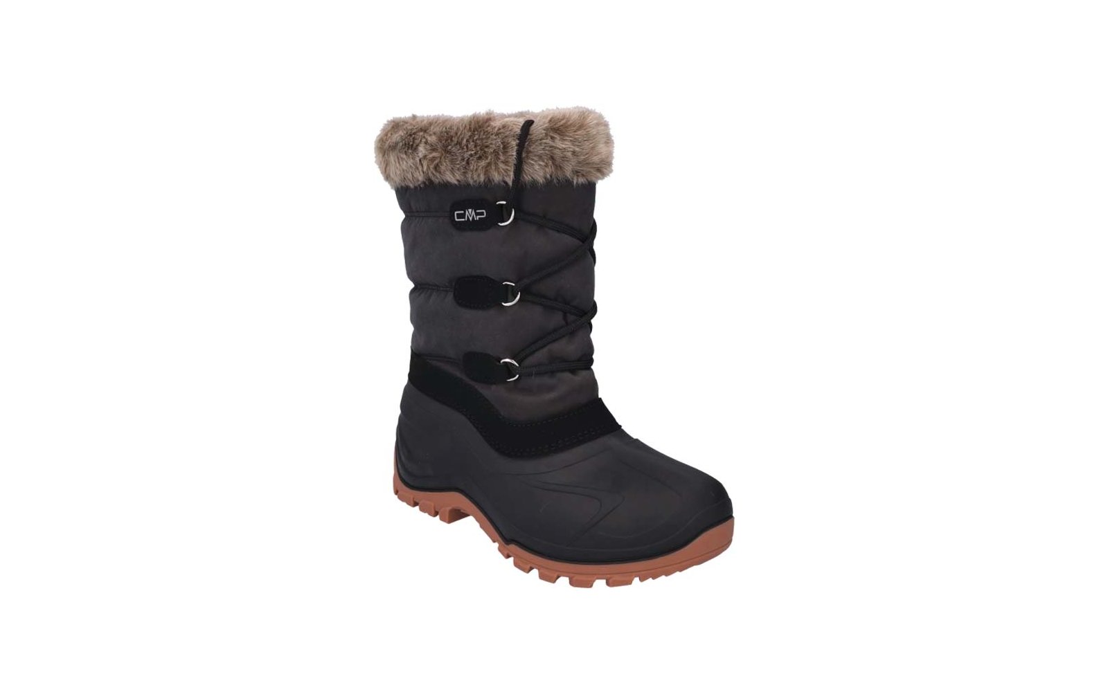 Ein einzelner dunkler Winterstiefel mit hellem Fellbesatz am Schaft, Schnürung durch drei Metallringe und brauner Profilsohle