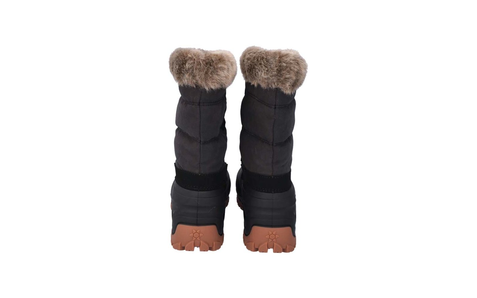 Rückenansicht eines Paars schwarzer Winterstiefel mit gesteppter Schaftpartie, Fellbesatz am Schaftbund und braunen Profilsohlen