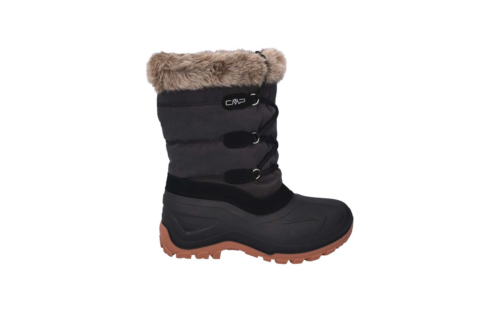 Schwarzer Stiefel, seitliche Ansicht nach rechts, Schaft mit hellbraunem Fellbesatz, drei metallene Ösen mit Schnürung, sichtbares "CMP"-Logo, unterer Teil aus schwarzem Gummi, braune profilierte Sohle