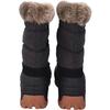 Rückenansicht eines Paars schwarzer Winterstiefel mit gesteppter Schaftpartie, Fellbesatz am Schaftbund und braunen Profilsohlen