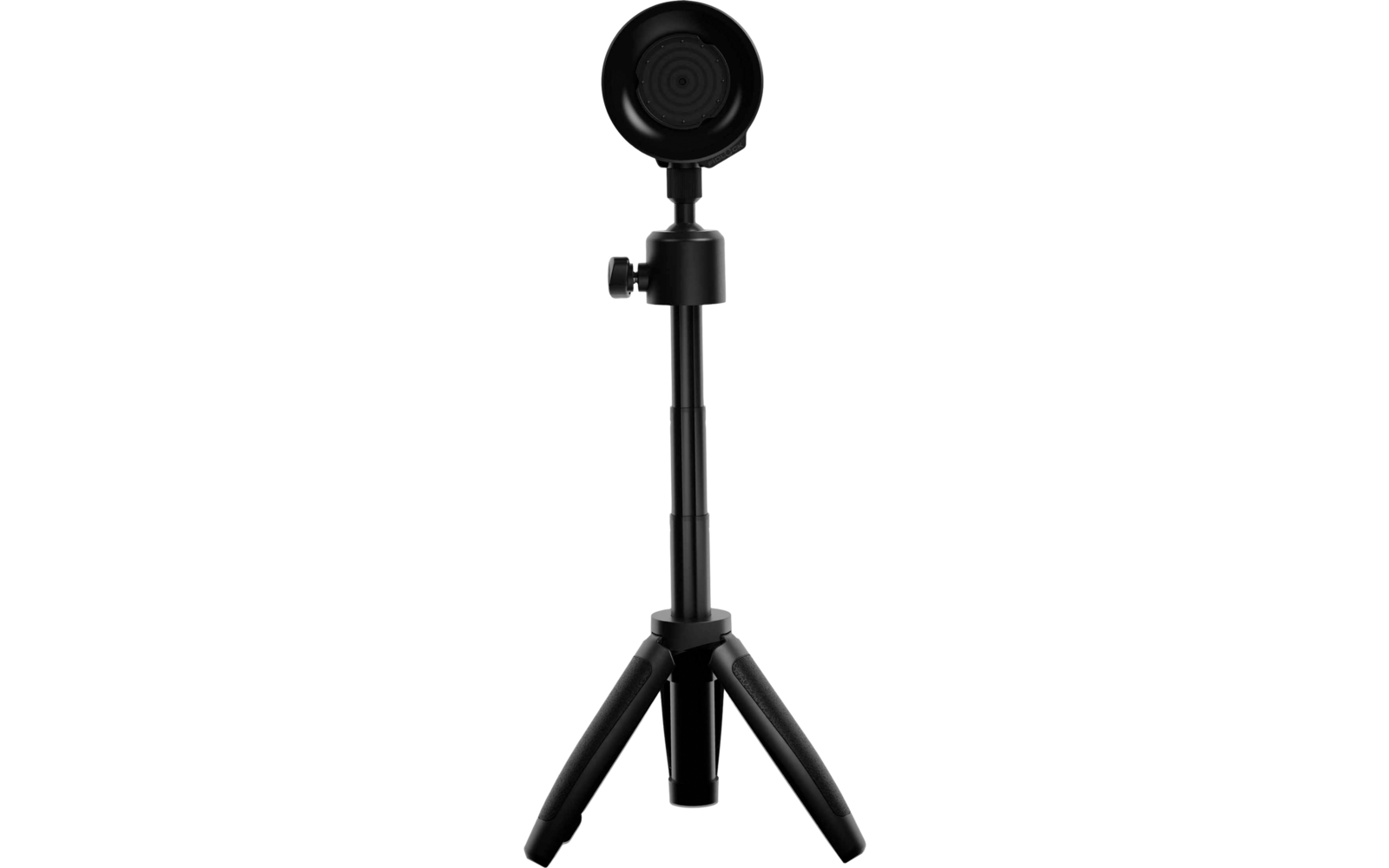 Black round device on an extendable tripod with three legs and a side knob on a white background