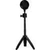 Black round device on an extendable tripod with three legs and a side knob on a white background