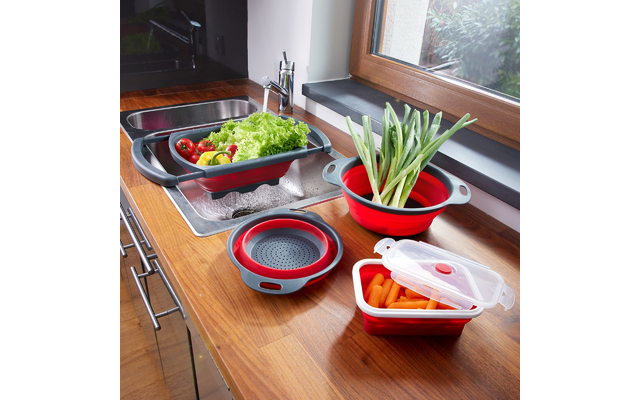 Plan de travail en bois avec évier et bols/passoires rouges pliables; une passoire dans l'évier contient de la salade, des tomates cerises et un poivron jaune; sur le plan de travail: un bol avec des oignons verts et une boîte fermée contenant des bâtonnets de carotte