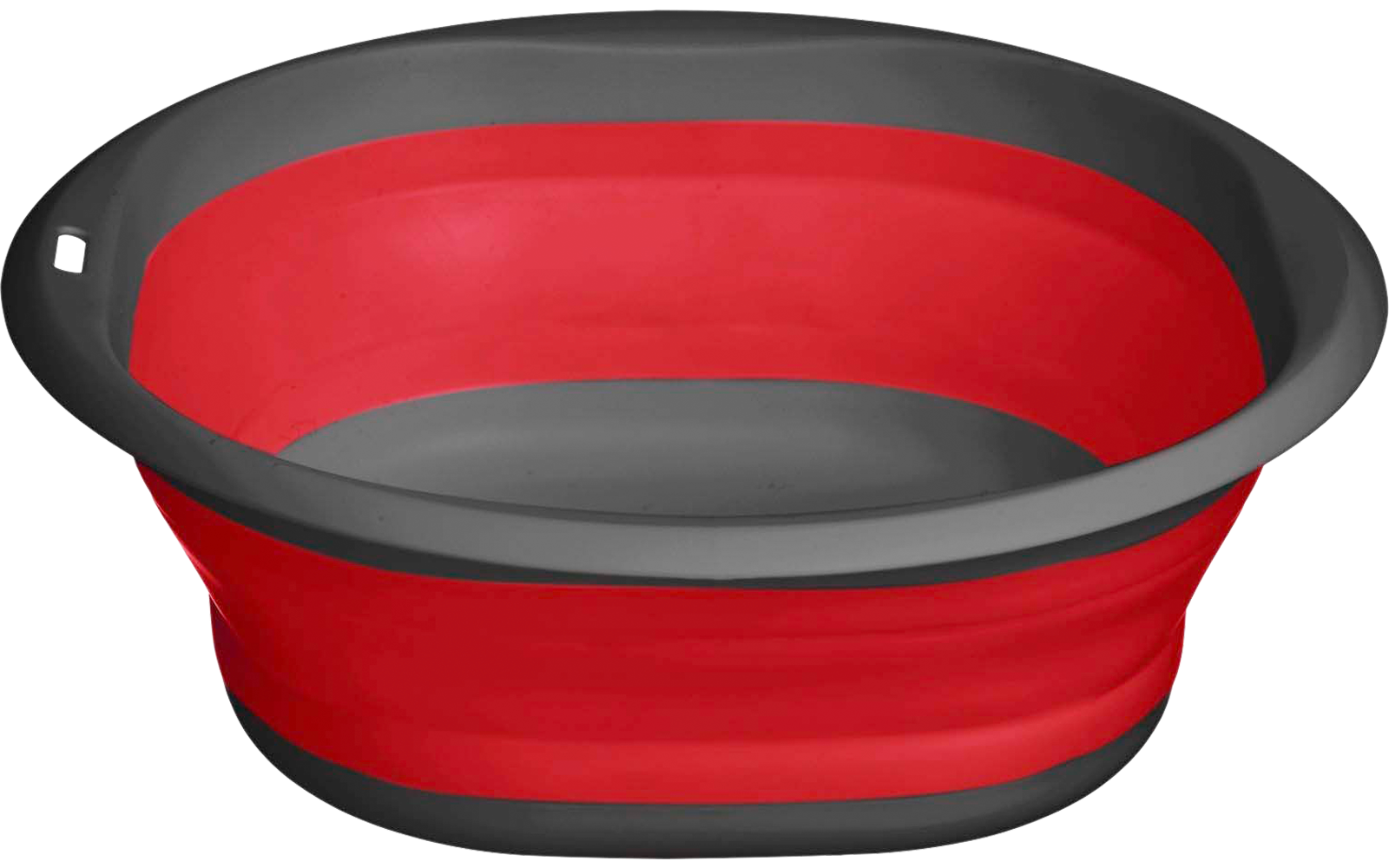Bol ovale rouge avec bord et fond gris, petit trou sur le bord