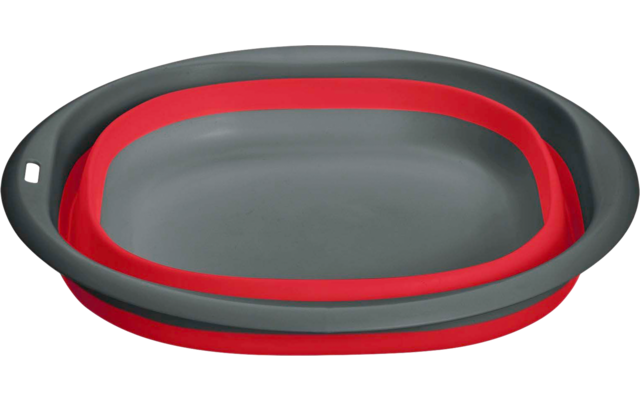 Bol ovale avec bord gris, anneau intérieur rouge, fond gris et petite ouverture rectangulaire sur le bord, sur fond blanc