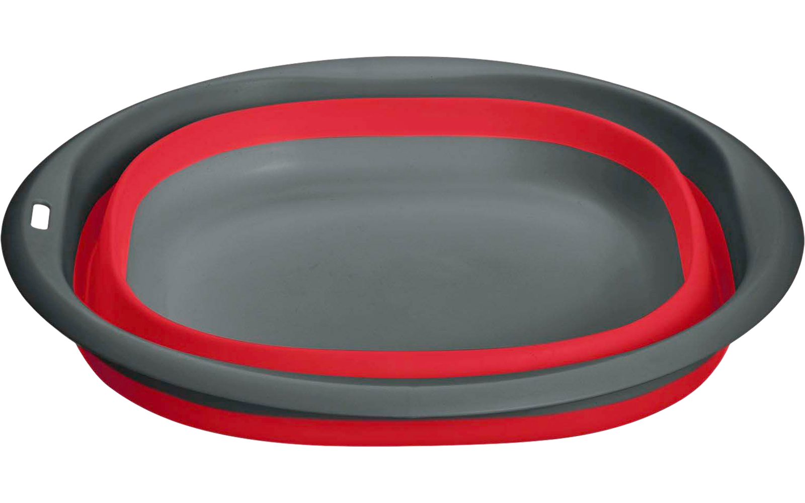 Bol ovale avec bord gris, anneau intérieur rouge, fond gris et petite ouverture rectangulaire sur le bord, sur fond blanc