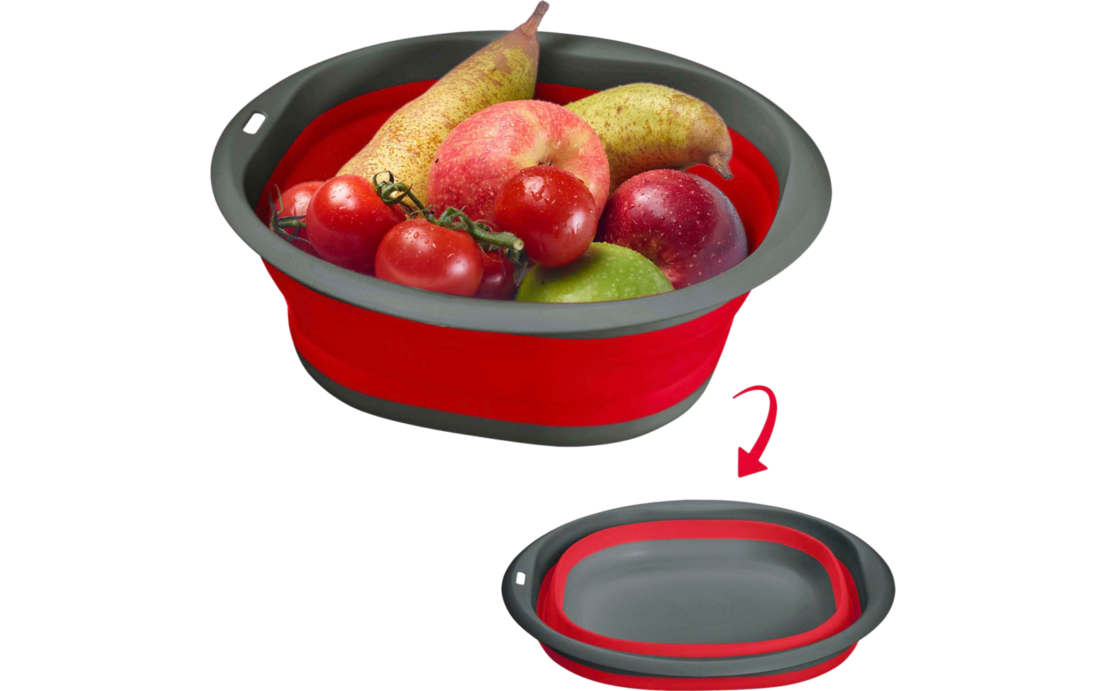 Bol rouge pliable avec bord gris, rempli de poires, pommes rouges et vertes et tomates en grappe ; à côté un bol plié avec une flèche