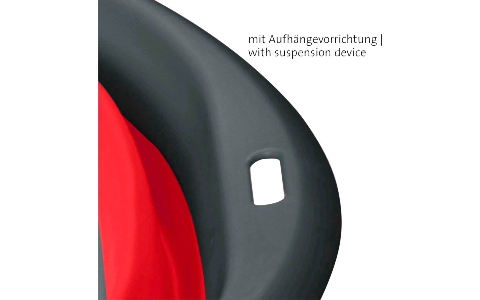 Gros plan d’un anneau rouge partiellement visible dans un cadre courbe gris foncé avec une découpe rectangulaire ; texte visible 'mit Aufhängevorrichtung | with suspension device'