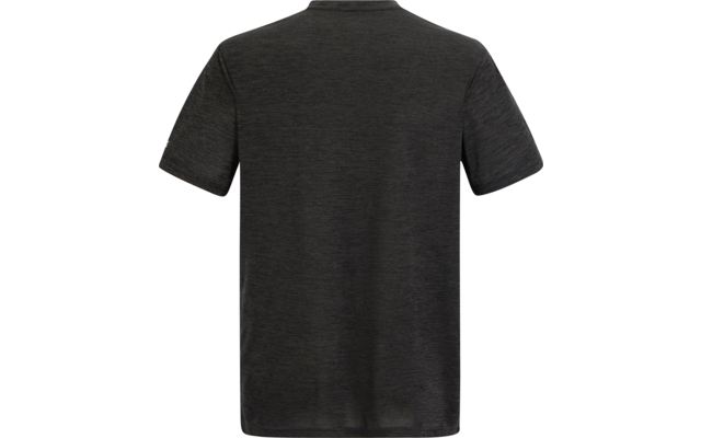 Rückansicht eines dunkelgrauen Kurzarm-T-Shirts mit Rundhalsausschnitt auf weißem Hintergrund