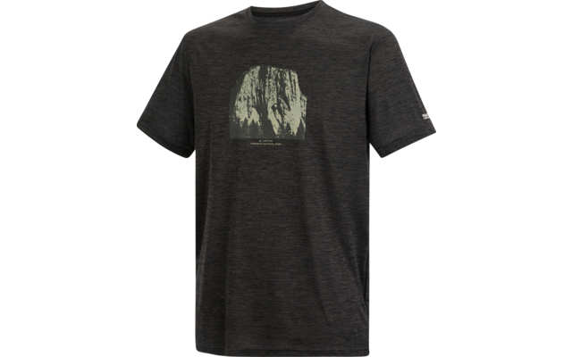 Dunkelgraues T-Shirt mit rundem Ausschnitt und hellem, rechteckigem Frontdruck mit vertikal verlaufenden hellen und dunklen Flächen