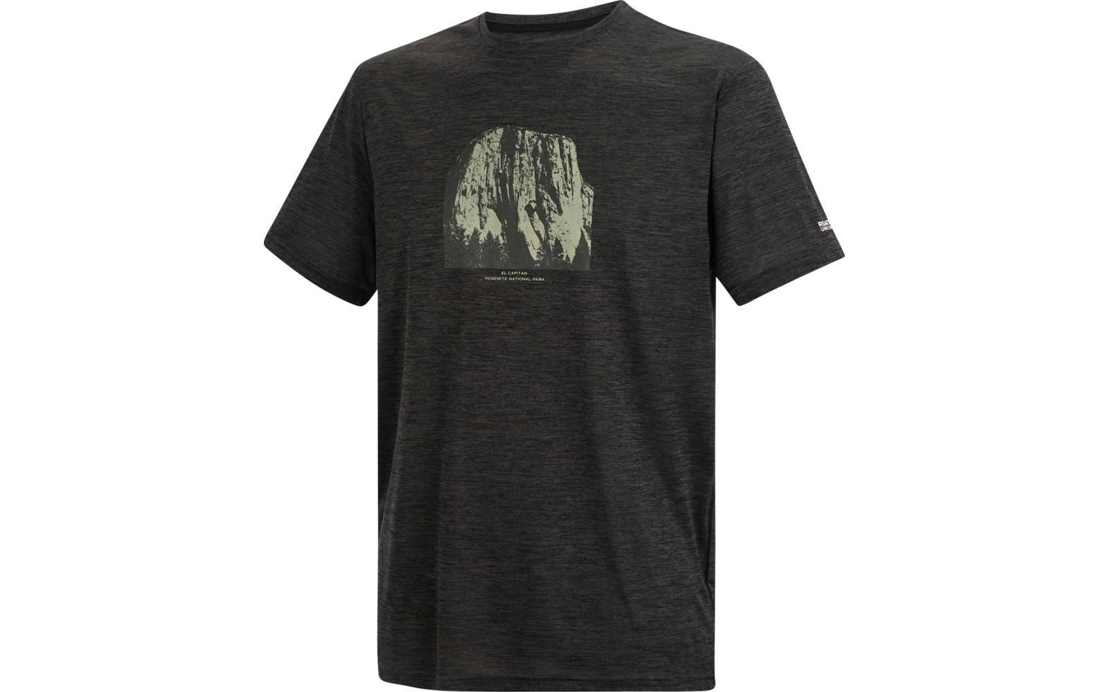 Dunkelgraues T-Shirt mit rundem Ausschnitt und hellem, rechteckigem Frontdruck mit vertikal verlaufenden hellen und dunklen Flächen