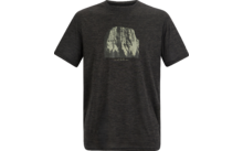 Dunkelgraues kurzärmliges T‑Shirt mit mittigem helleren Bogenaufdruck, darin vertikale hell-dunkel Strukturen und eine kleine Textzeile unter dem Druck