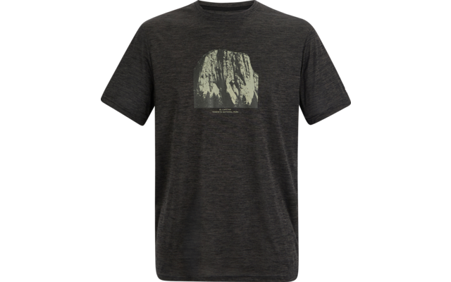 Dunkelgraues kurzärmliges T‑Shirt mit mittigem helleren Bogenaufdruck, darin vertikale hell-dunkel Strukturen und eine kleine Textzeile unter dem Druck