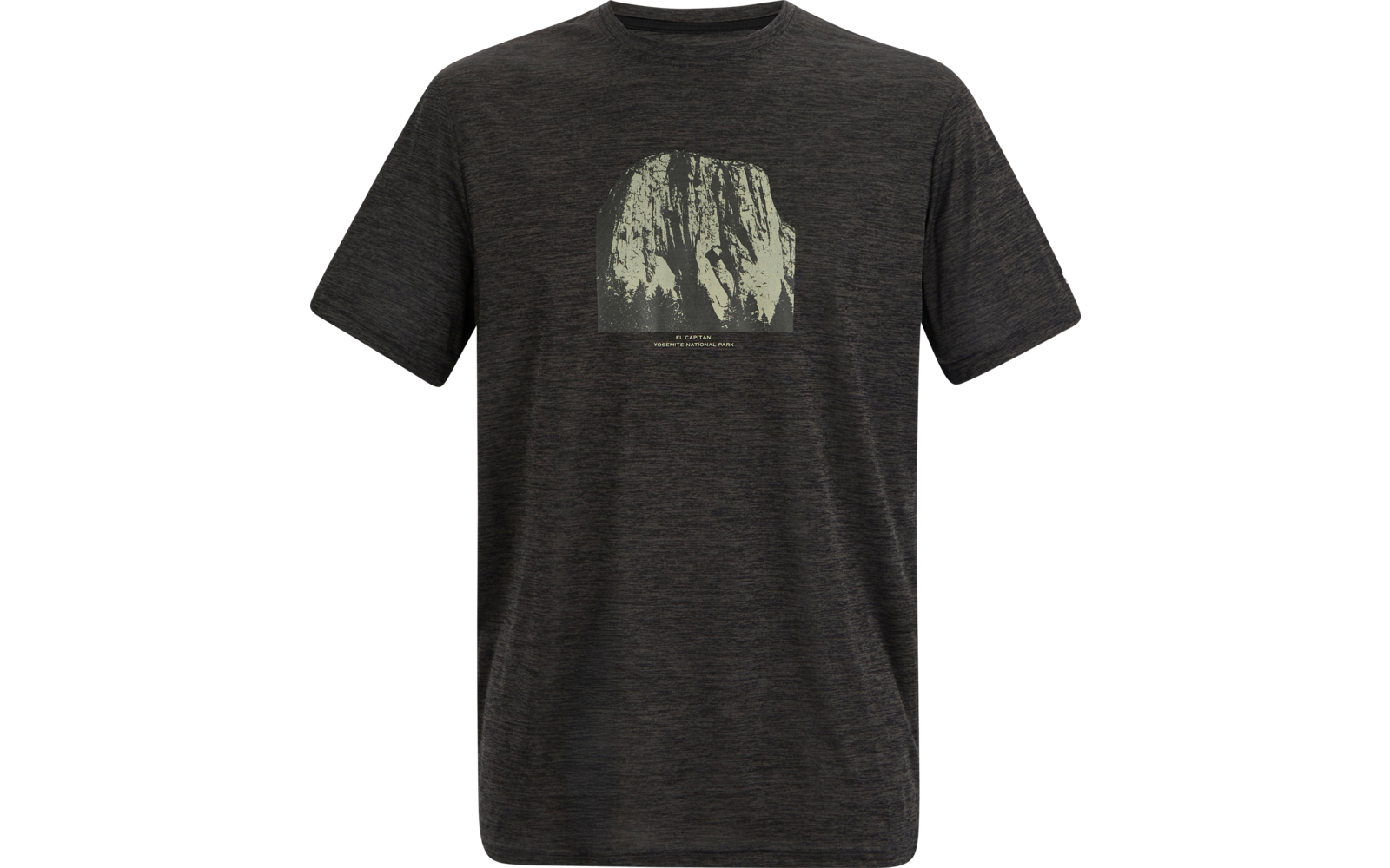 Dunkelgraues kurzärmliges T‑Shirt mit mittigem helleren Bogenaufdruck, darin vertikale hell-dunkel Strukturen und eine kleine Textzeile unter dem Druck