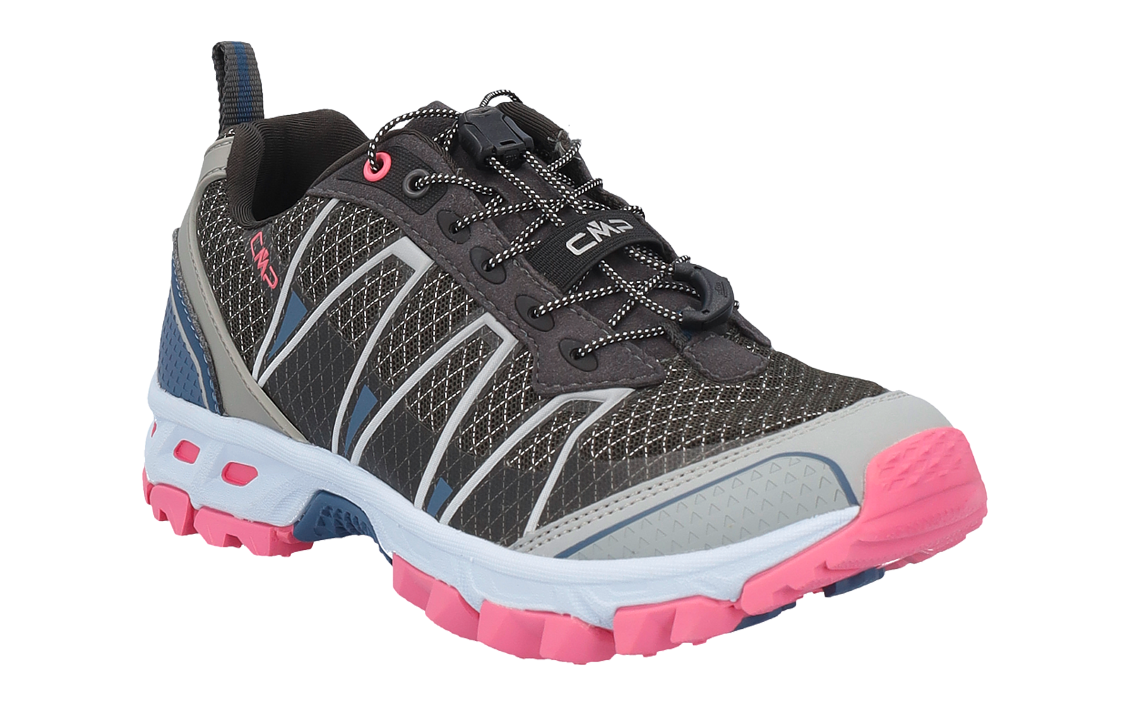 Ein einzelner Sportschuh, dunkles grauschwarzes Mesh-Obermaterial, weiße diagonale Overlays, blauer Fersenbereich mit Zuglasche, rosa Zehenkappe und Profil, weiße Zwischensohle, schwarz-weiße Schnürsenkel