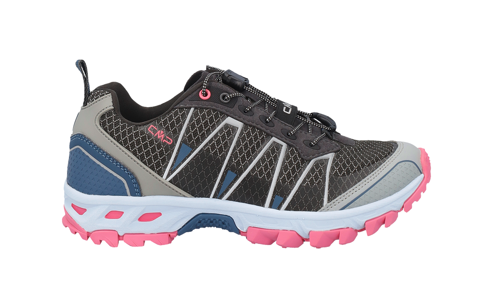 Dunkelgrauer Sportschuh mit Mesh-Obermaterial, grauen und blauen Verstärkungen, weißer Zwischensohle und pinker Laufsohle; sichtbare Schnürung und Fersenlasche