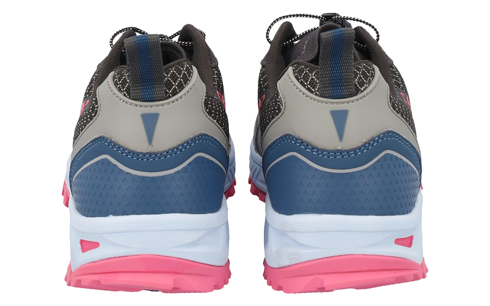 Rückansicht von zwei grauen Sportschuhen mit blauem Fersenbereich, weißen Sohlen und rosa Außensohlen