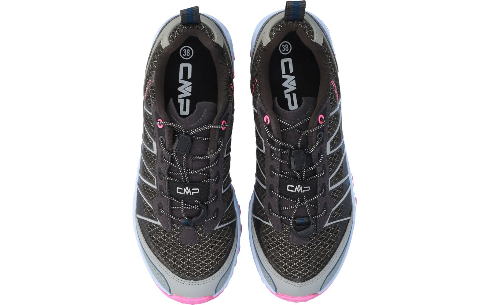 Coppia di scarpe sportive grigie CMP viste dall'alto, lacci, tomaia in mesh, dettagli rosa su suola e occhielli, etichetta taglia 38 visibile in una scarpa