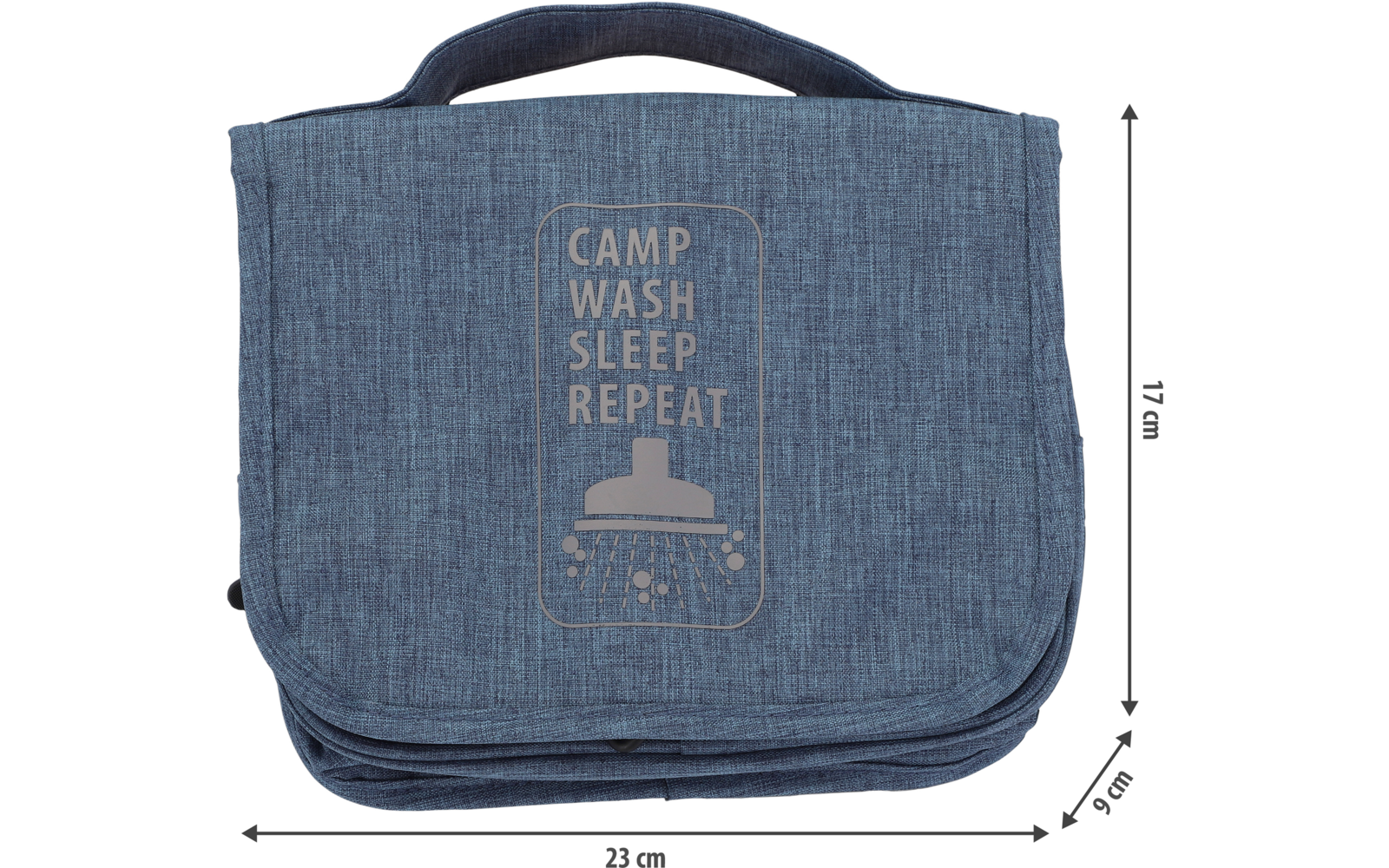 Blue rectangular fabric pouch with carry handle and folded front flap; on the flap the text 'CAMP WASH SLEEP REPEAT' and a shower icon; dimensions shown: 23 cm width, 17 cm height, 9 cm depth