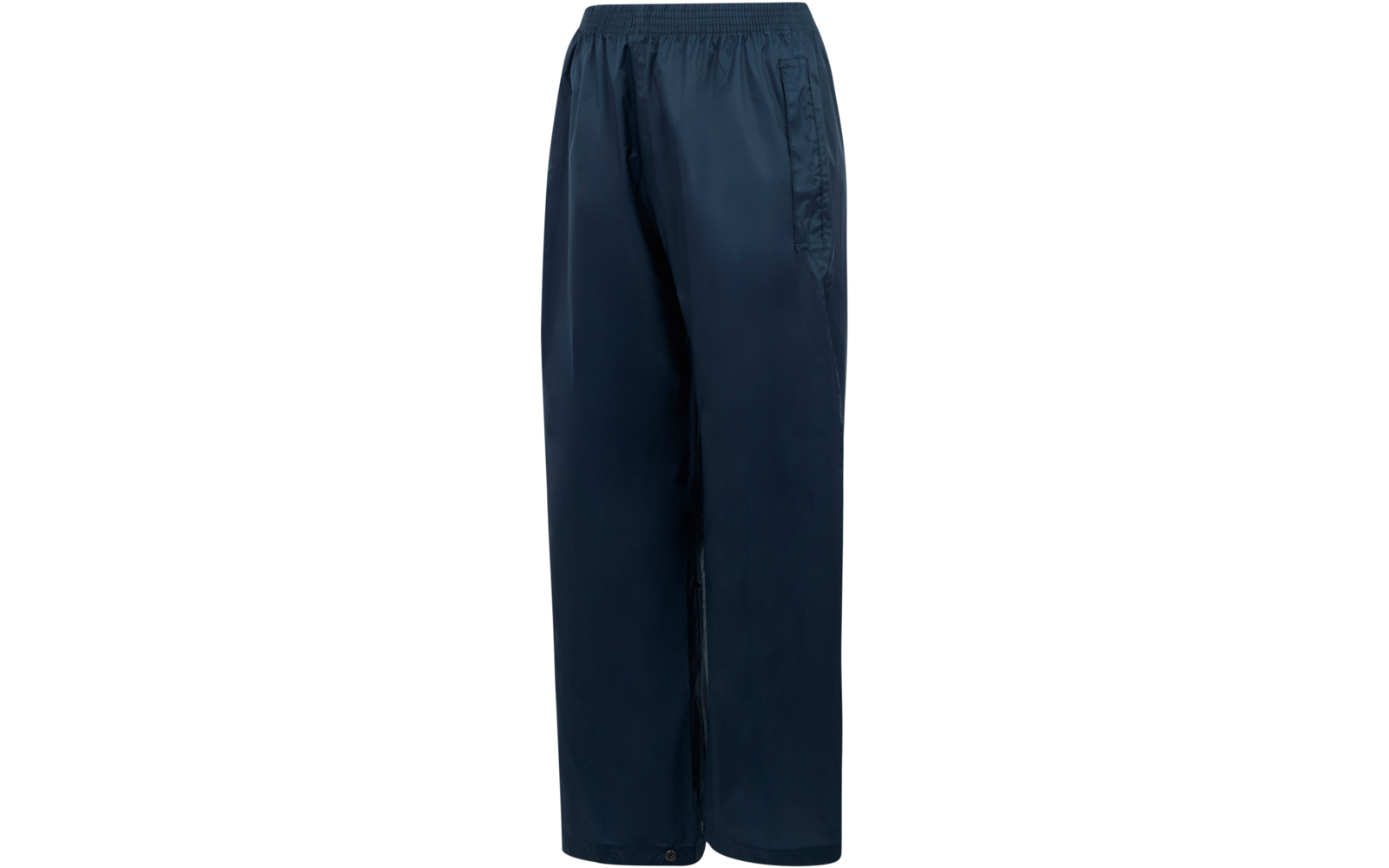 Donkerblauwe, wijdvallende broek met elastische taille, zijzakken en drukknoop aan de zoom, op witte achtergrond